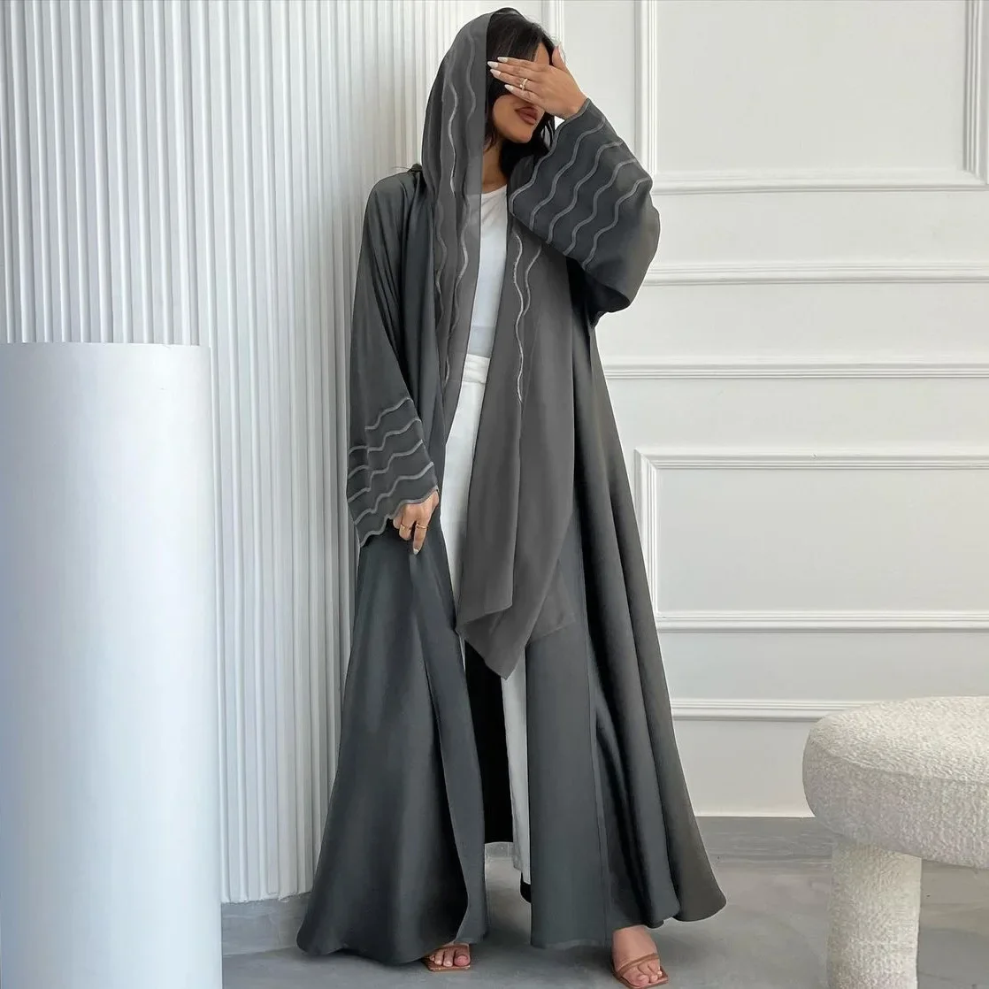 Luxe Dubai Kimono Open Abaya Hijab Maxi Jurk Set Voor Vrouwen Moslim Lang Vest Eid Djjellaba Kebaya Islam Kleding Jalabiya