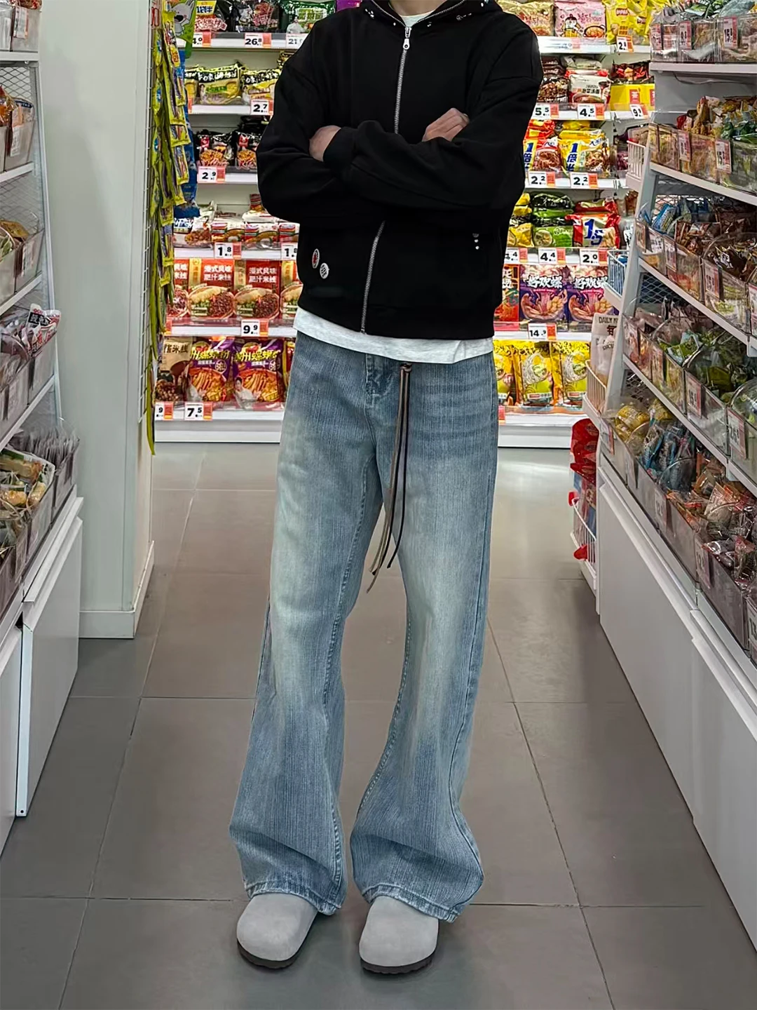 

Светло-голубые мужские джинсы с широкими штанинами на флисовой подкладке, с узором в виде лезвий, зимние повседневные джинсовые брюки прямого кроя, износостойкие, свободного кроя