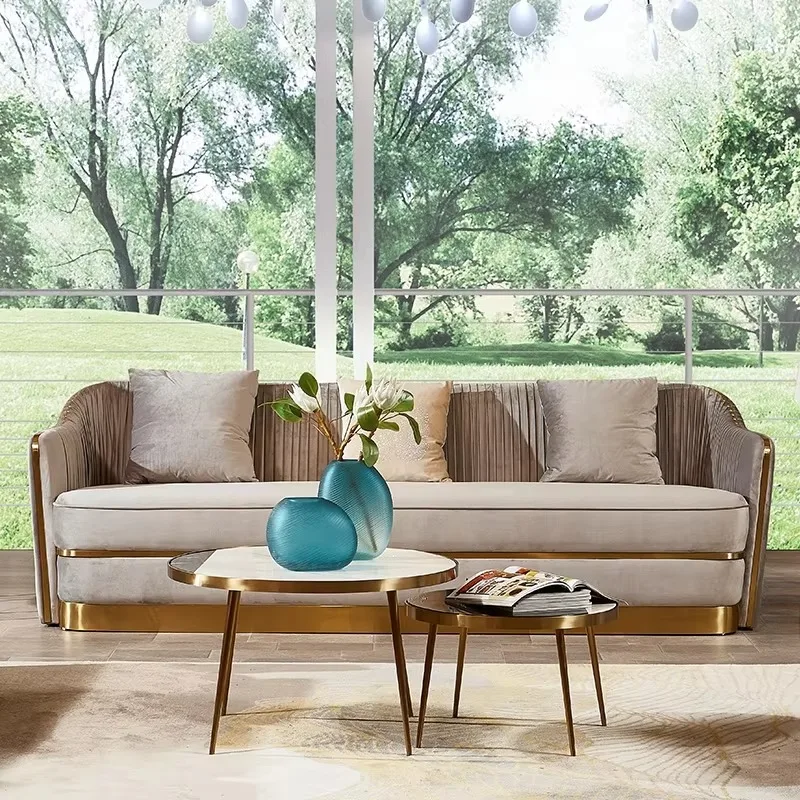 Furnistyle European Style Velvet Sectional Luxury 3 Seater Sofa Set Gold Living Room Furniture