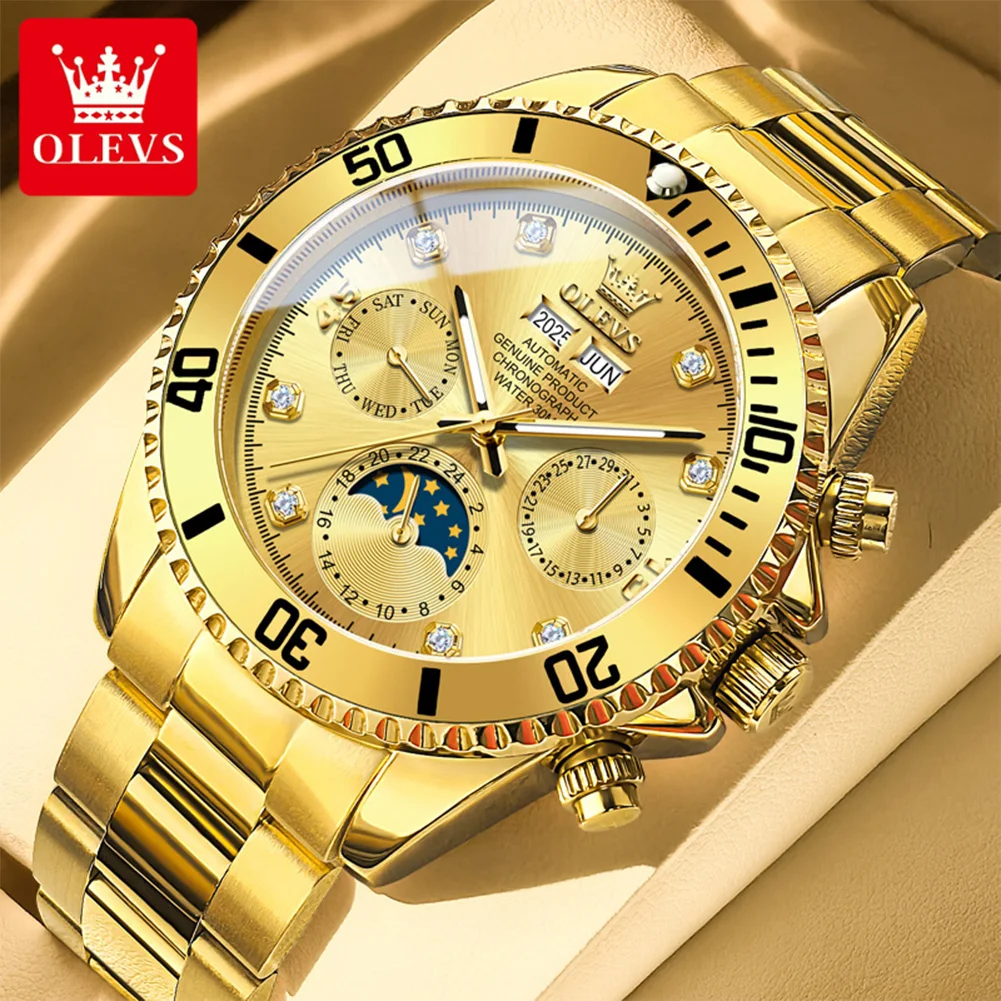 OLEVS 6729 Мужские механические часы, золотые роскошные брендовые полностью автоматические часы, мужские многофункциональные оригинальные спортивные мужские часы с фазой Луны