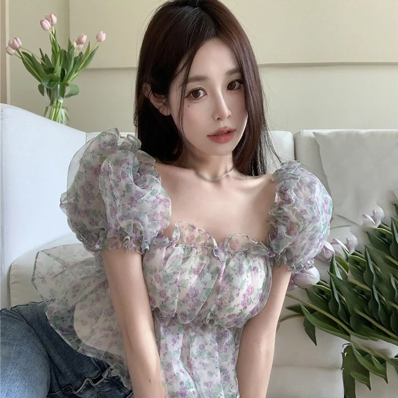 Women\'s Off Shoulder Blouse Ruffle Hem Sexy Bodycon Flower Print Sweet Summer Outfit Elegant Spring Summer Chiffon Shirt Top