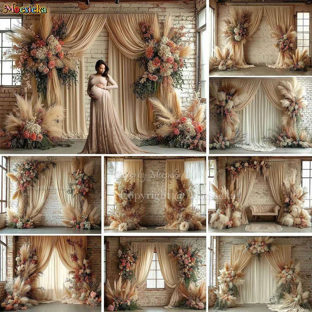 

Boho Flower Background for Wedding Birthday Photography Brown Curtains Floral Backdrop Bridal Show Girl Photo Studio Decoration