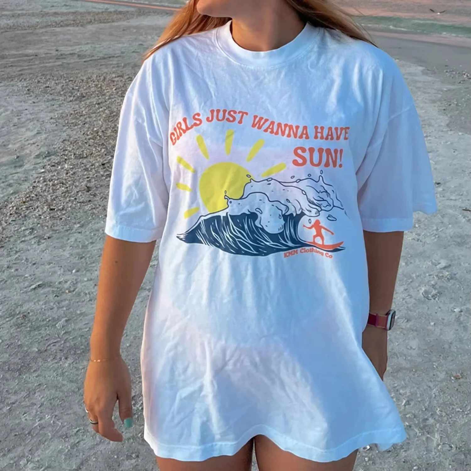 

Популярная женская повседневная футболка с круглым вырезом и коротким рукавом в пляжном стиле с графическим принтом, летние свободные топы с героями мультфильмов для повседневных топов