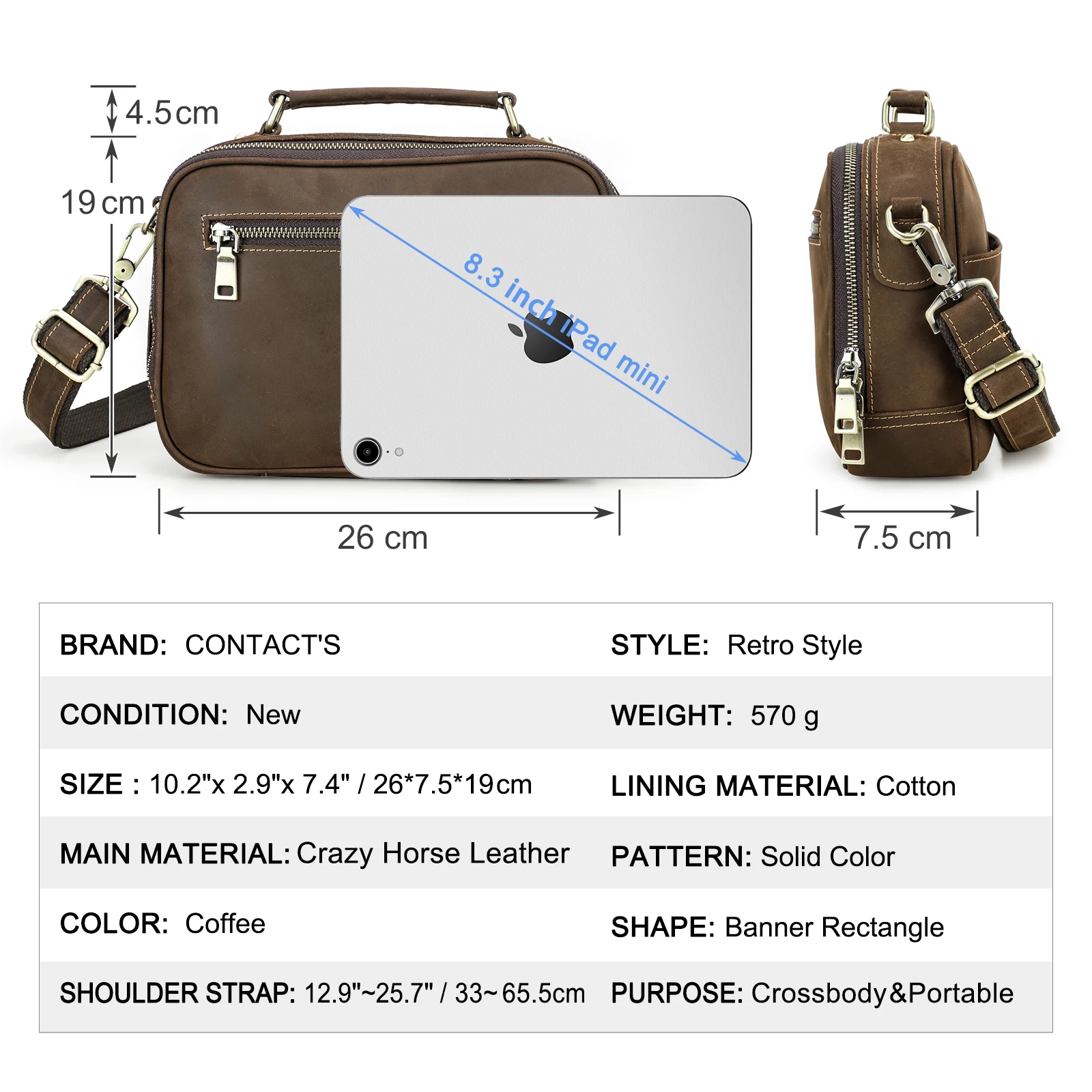 Vintage Crazy Horse Leather Male Middle Shoulder Crossbody Travel Package for Ipad Mini Notebook Retro Business Bag For Men