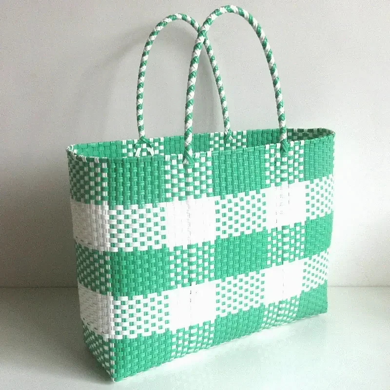 New Plastic Strip Woven Bag Large Square Plaid Handbag Tote Basket Vegetable Basket Bag Beach Bag Generous Bag