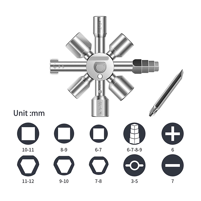 10 in 1 Multi-purpose Cross Key Wrench Electric Cabinet Elevator Water Meter Valve Key Internal Triangle Wrench Portable Tool