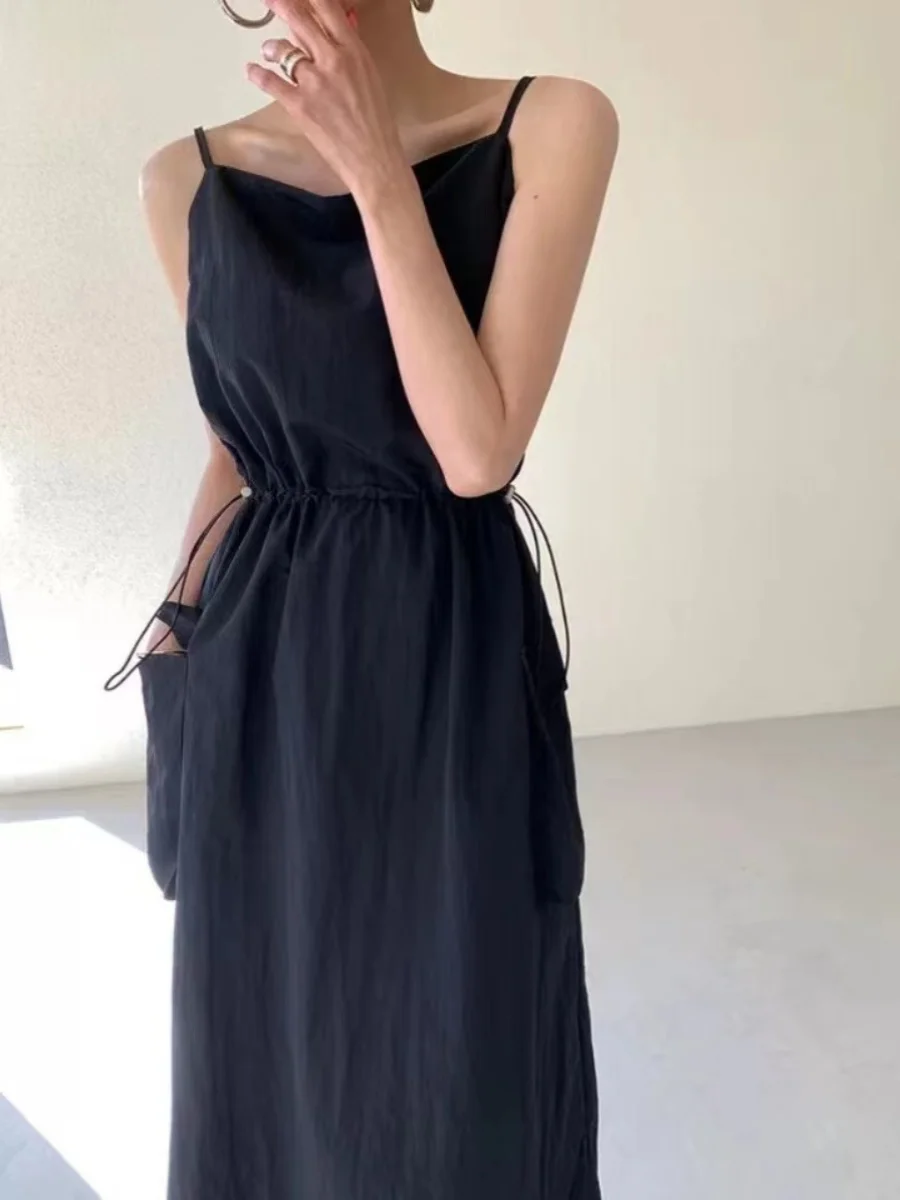 Retro Elegant Summer Design Women's Dress with Drawstring Waist High Waist A-Line Skirt Large Pockets Midi Length Dress