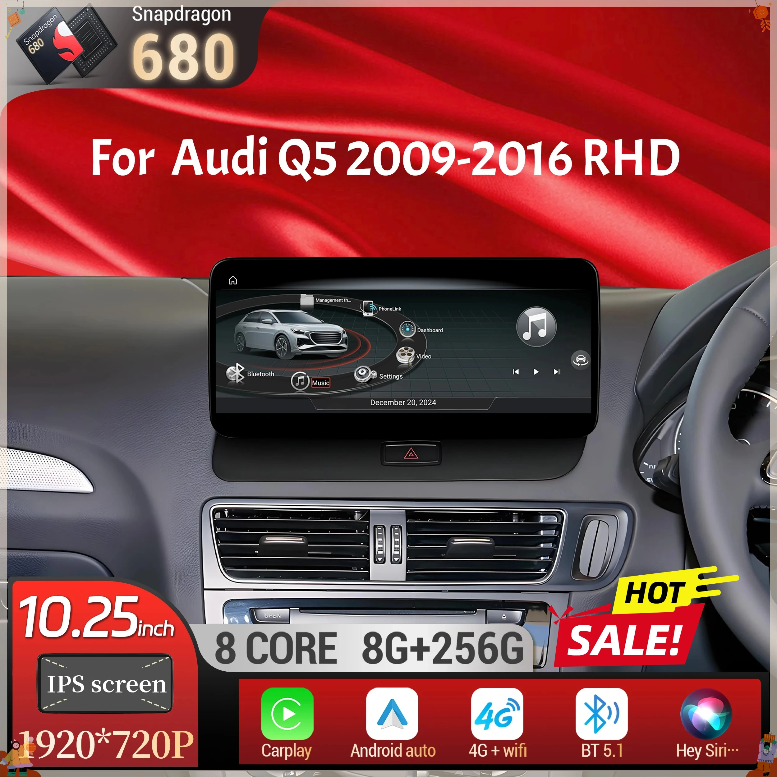 10.25 inch For Audi Q5 2009-2016 Right Hand Drive Android 14 Car Radio Wireless Bluetooth Carplay Qualcomm Snapdragon 680 Screen