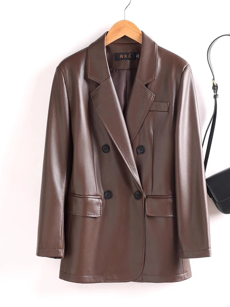 Neu Damen Spaltleder Lässiger Blazer Frühling Herbst Mode Anzugkragen Zweireiher Lockere Taille Lederjacke Damenblazer