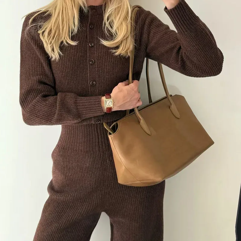 

Новый коричневый шерстяной вязаный комбинезон на осень/зиму 2025, однобортный утягивающий комбинезон с круглым вырезом и высокой талией