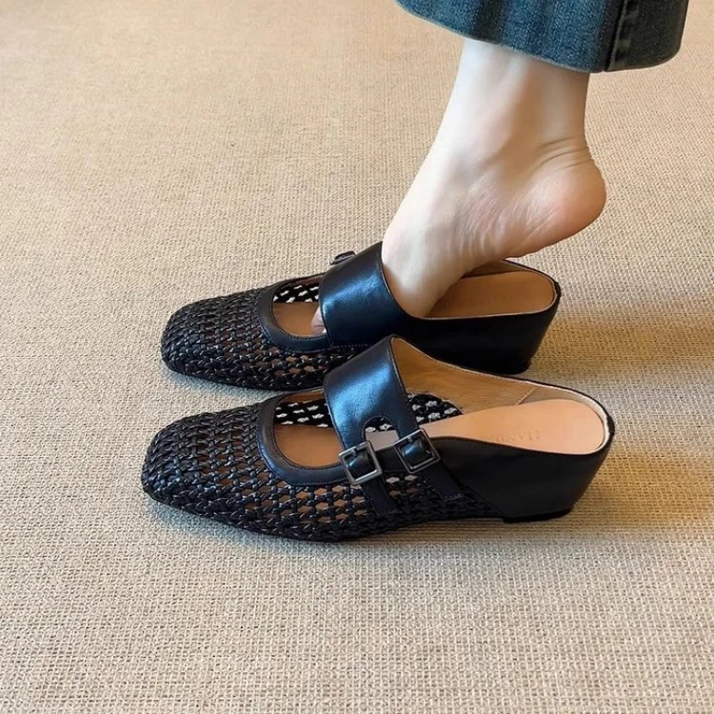 Women Woven Hollow Mules Summer Square Toe Double Buckle Wedge Heel Slip On Retro Breathable Outdoor Mules Slides