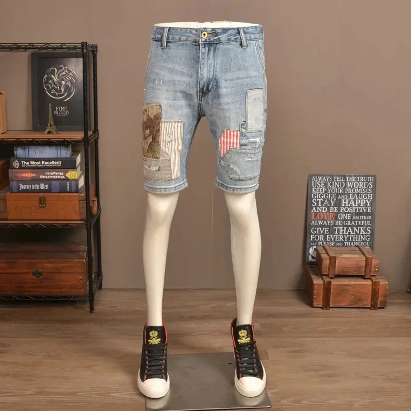

Summer thin patchwork embroidered printed denim shorts for men, slim fit trend, fashionable and casual five quarter pants