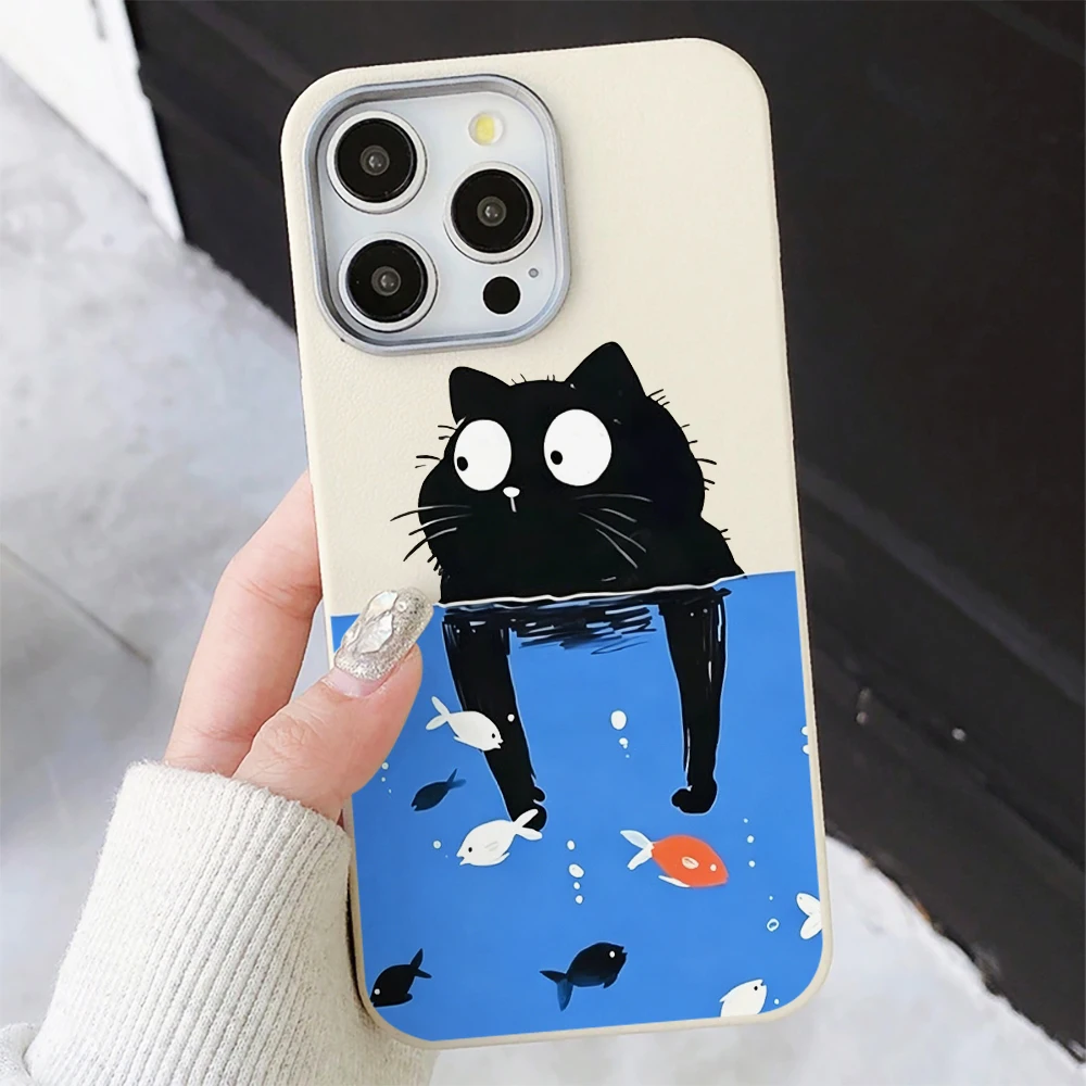 Phone Case For Samsung Galaxy S26 S25 Ultra S24 S23 FE S22  Plus S21 A34 A35 A54 A55 A56 A36 5G Leather Cover Kawaii Black Cat
