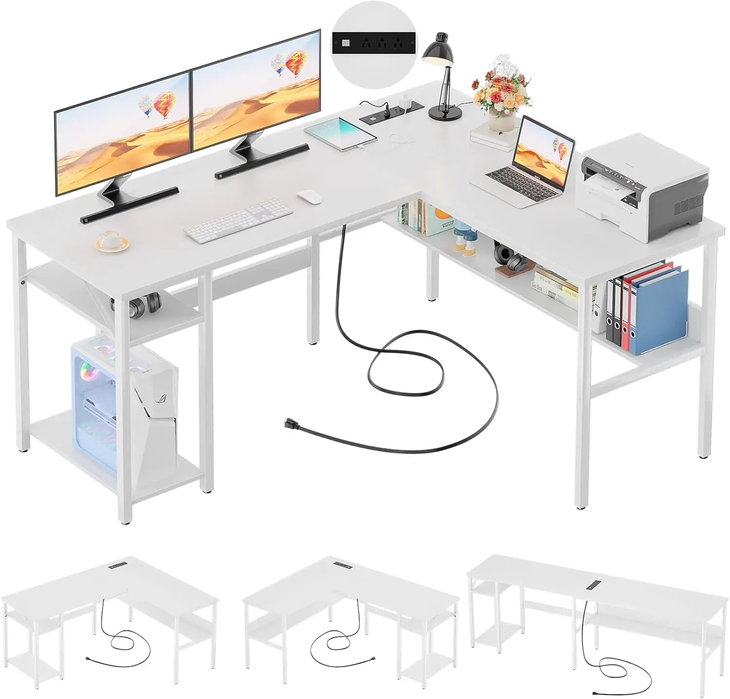 

Unikito Reversible L Shaped Computer Desk with Magic Power Outlets and USB Charging Ports, Sturdy Corner Desk with Storage