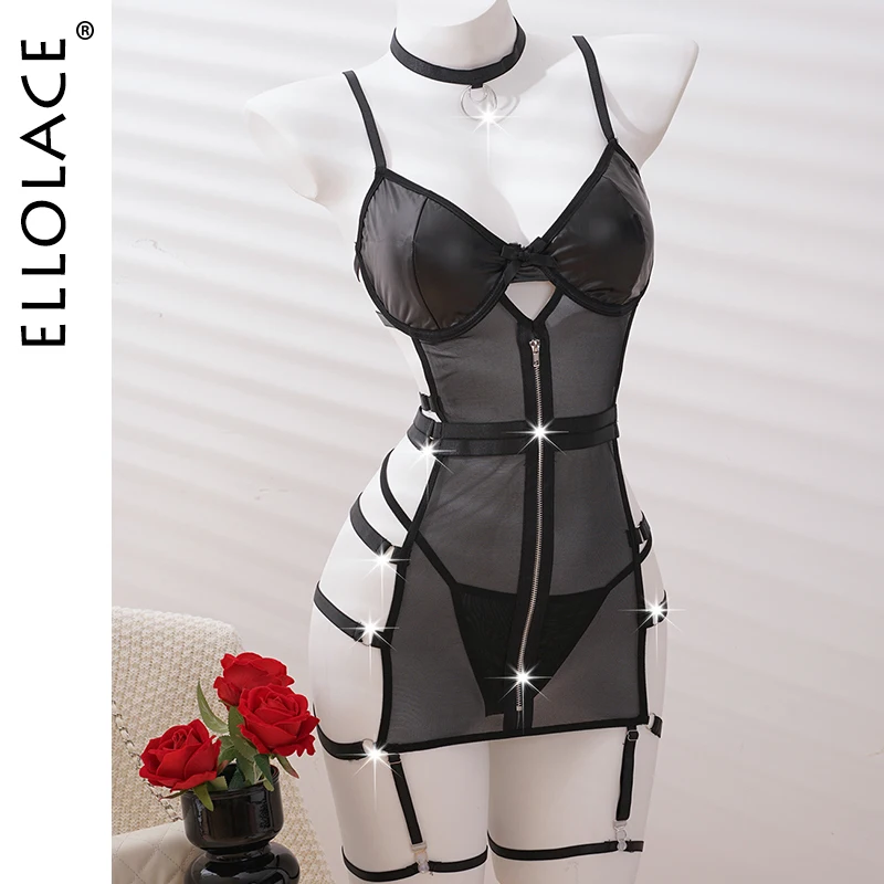 

Ellolace Sissy Sexy Girls Hot Seductive Mini Hollow Dress Thong 2PC Set with Choker Leg Circles Porno Leather Mesh Splicing Kit