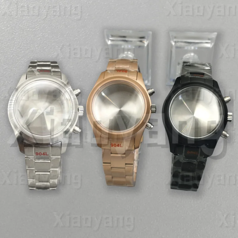 

38mm Black Silver Rose Full Brushed Pilot Multy-functional Chronograph Watch Case Sapphire Crystal For VK63 VK64 Quartz Movement