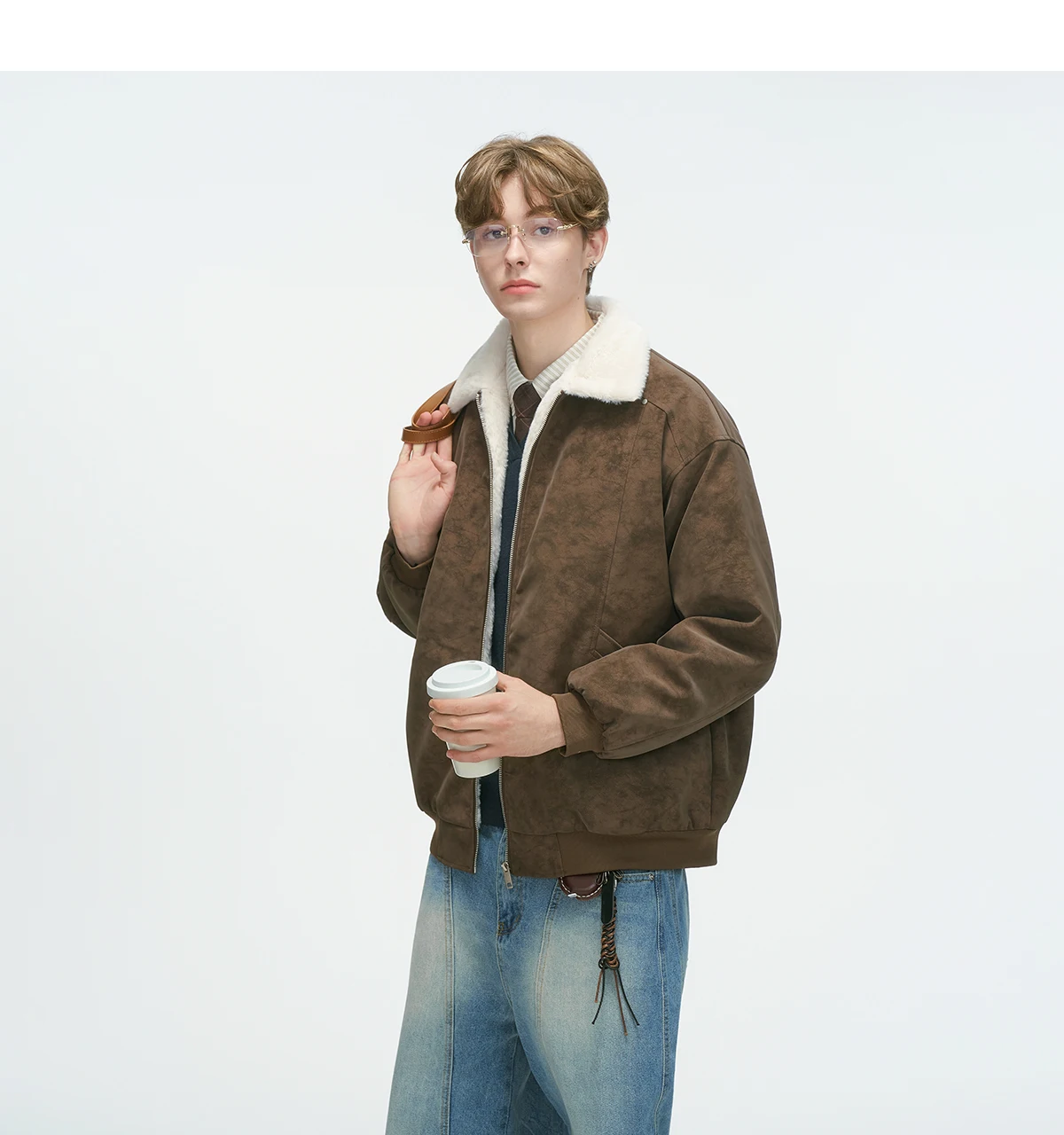 2025 الخريف الشتاء النمط الأمريكي الرجال سميكة الدافئة البني الرمادي الأسود صوف الضأن بدوره إلى أسفل طوق سترة قطن #5