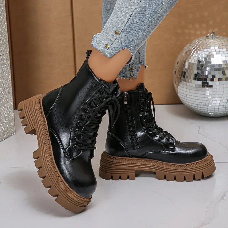 أحذية الموضة النسائية جولة اصبع القدم منصة وحيد كعب مربع الدانتيل متابعة الجانب سستة أحذية قصيرة ريترو الشارع الشرير نمط حذاء من الجلد #6