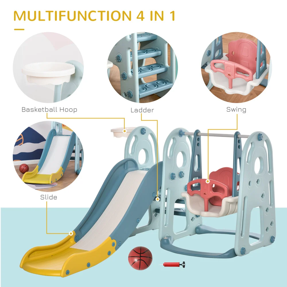 Juego de columpio y tobogán para niños pequeños 4 en 1 con altura de asiento ajustable y aro de baloncesto, juego de tobogán escalador independiente para niños