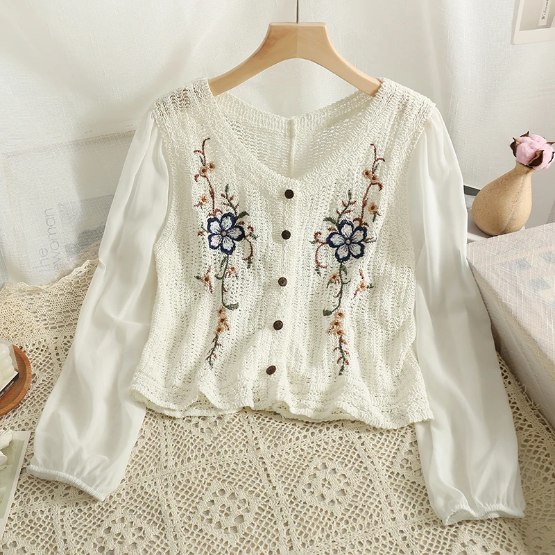 OUMEA Women Crochet Blouse Chiffon Sleeve Casual Crop Tops Floral Embroidery Knit Cotton Tops With Buttons Chic Beach Cover Up