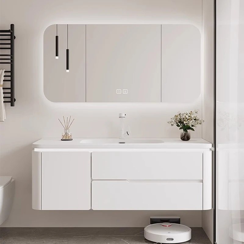 Space Saver Bathroom Cabinet Nordic Waterproof Toilet Drawers Bathroom Vanity Mirror White Wooden Meuble Salle De Bain Furniture