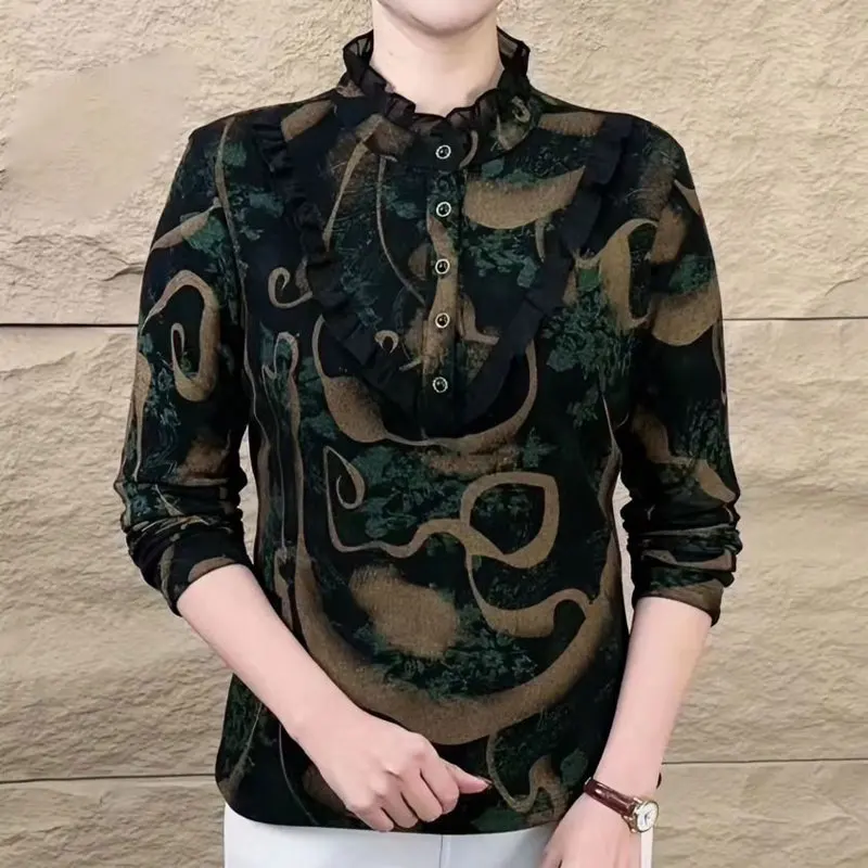 Fashion Stand Collar Folds Spliced Shirt Button Vintage Printed Autumn Winter Fleece Female Clothing Casual Long Sleeve Blouse