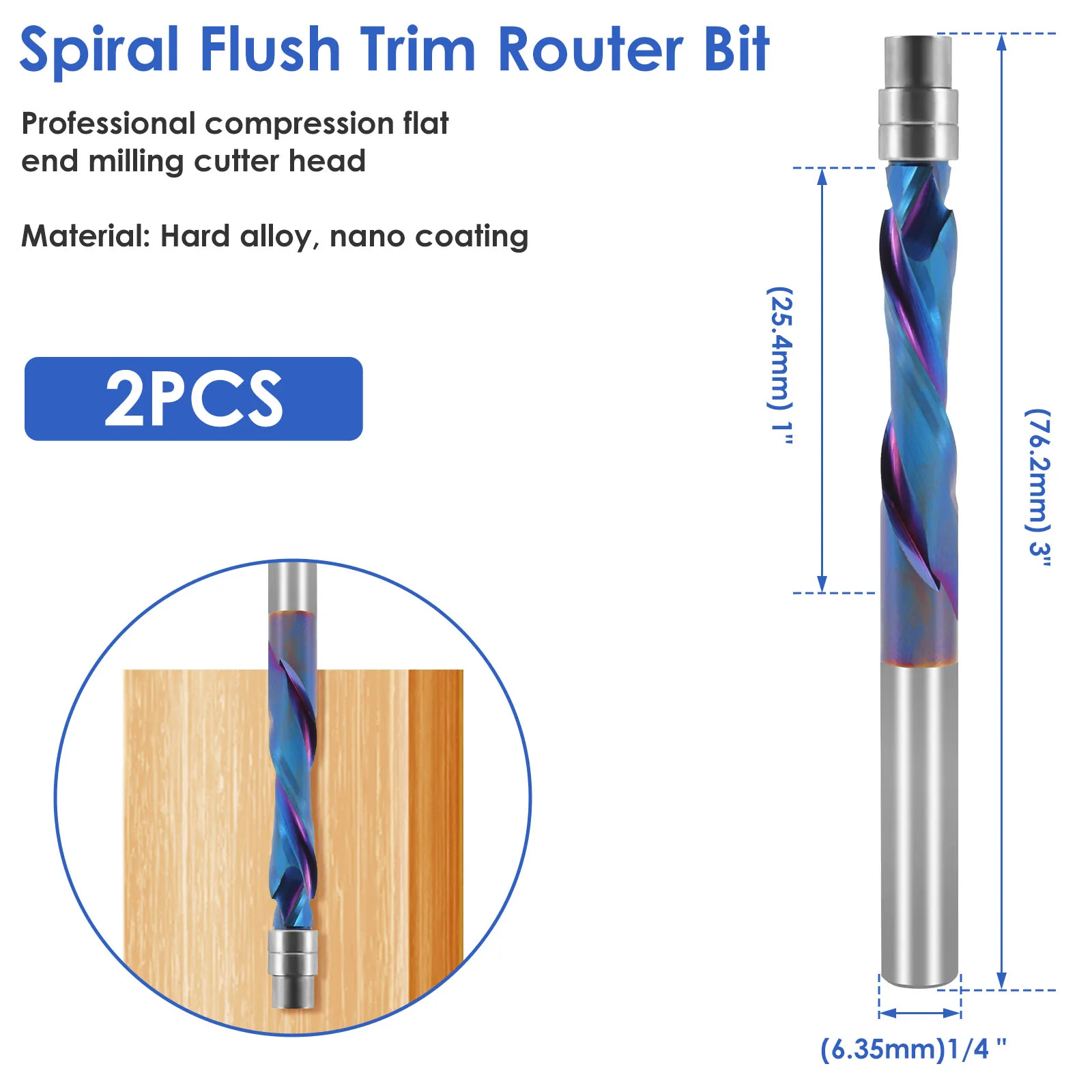 2Pcs 1/4inch Shank Spiral Flush Trim Router Bit Set Carbide Top Bearing Flush Trim Bit Professional Spiral Bit High Hardness UP