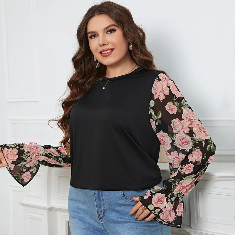 Della Mel Plus Size Women Clothing Blouses Sweet Casual Floral Puff Long Sleeve Chiffon Top Shirts Ladies Party Big Size Blouse