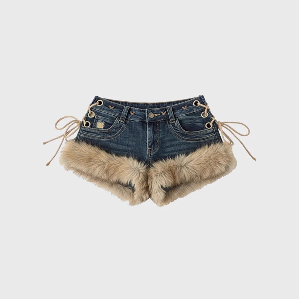 

Vintage Washed Denim Shorts Low Rise Slim Fit Shorts Faux Fur Trim Patchwork Shorts Cute Sexy Ultra Micro Hotpants Style