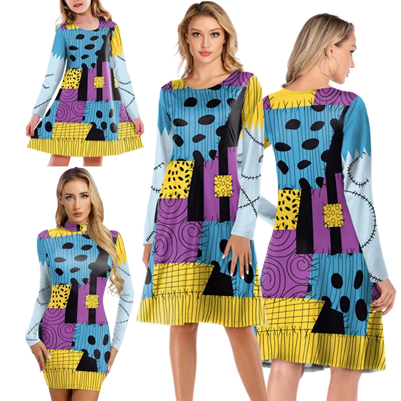 

NADANBAO Sally Cosplay Dress Halloween Movie Costume Horro Party Outfit Mother Kid Long Sleeve Dresses Mid Waist Leggings Tights