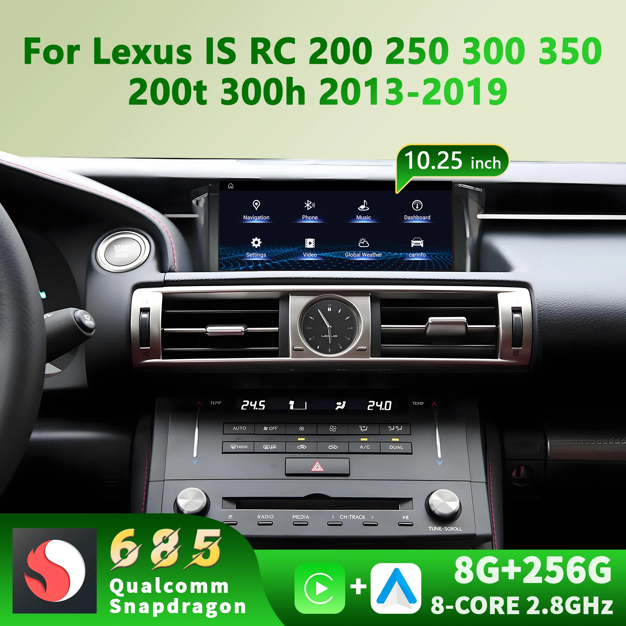 10.25 inch Android 14 For Lexus IS RC 200 250 300 350 200t 300h 2013-2019 Carplay GPS Navi Snapdragon 680 Car Radio Touch Screen