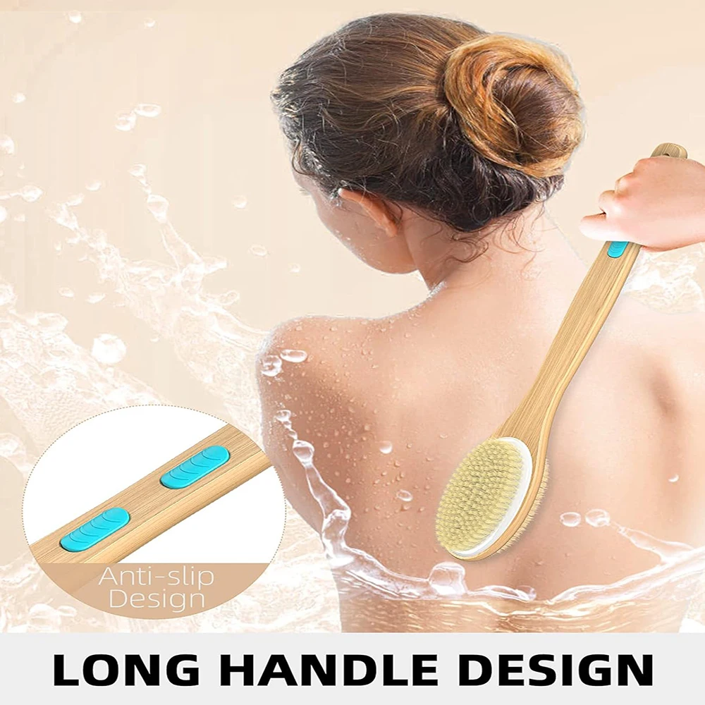 Dual-Sided Shower Brush with Soft And Stiff Bristles Long Handle Back Scrubber Body Exfoliator for Wet Or Dry Brushing in Bath