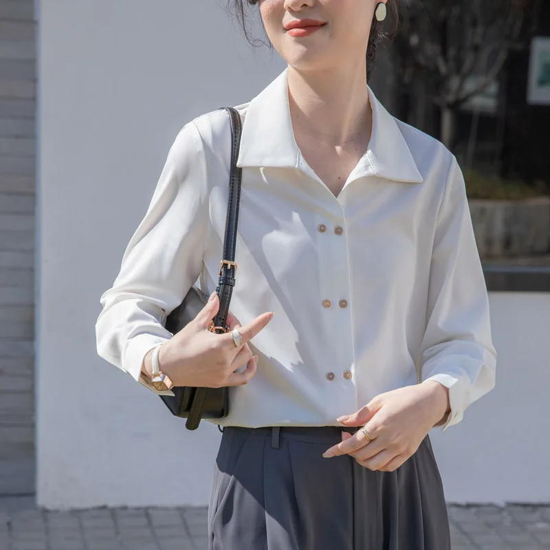 

Office Lady Elegant Solid Commute Shirts Chic Double Breasted Elegant Fashion Blouse Women's French Vintage Long Sleeve Tops