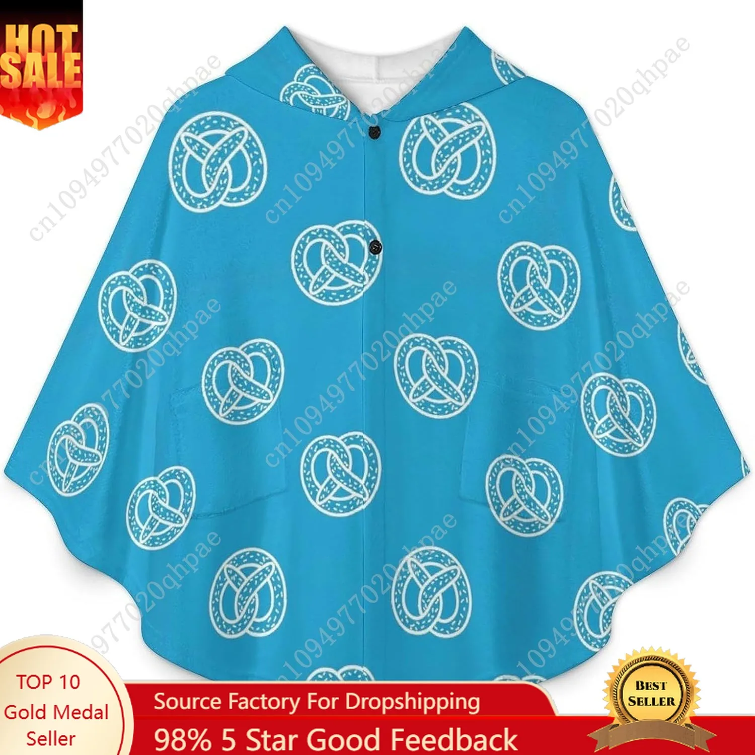 سترة بطانية مريحة من الفلانيل، هوديي أزرق كبير الحجم بنمط بريتزيل مع جيوب للأطفال والمراهقين #1