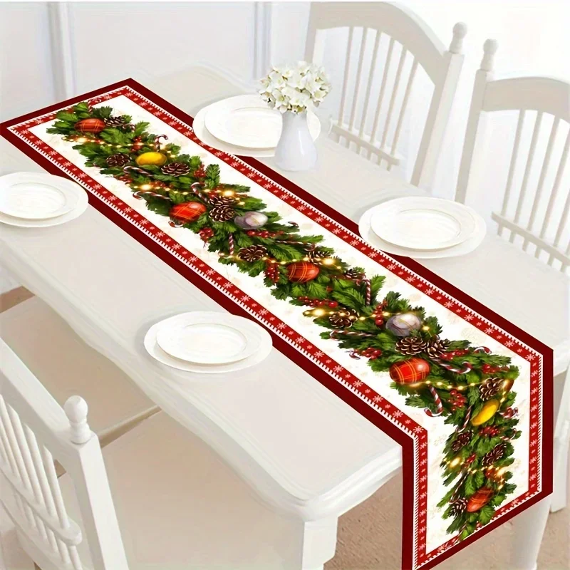 1Pc Christmas Style Table Runner Red And White Pine Cone Garland Print Table Cover For Dining Room Kitchen Holiday Party Decorat