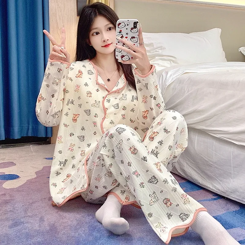 Pajama Sets Women V-neck Ins Long Sleeve with Chest Pads Korean Fashion Jacquard Design Trendy Popular Autumn Dormitory Panelled