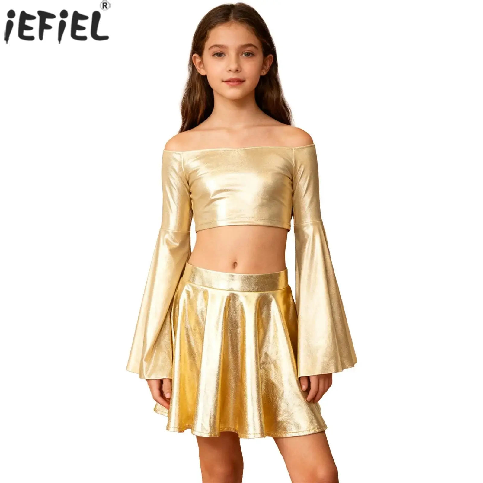 Girls Hip Hop Jazz Dance Outfit Off-Shoulder Metallic Crop Top with Ruffled Skirt for School Show Party Cheerleading Performance
