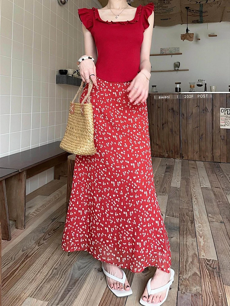 Women 2025 Summer New Sweet and Spicy Girl Red Little Flying Sleeve Slimming T-shirt Hip Wrapping Fish Tail Floral Half Skirt