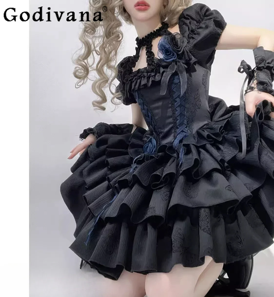 

Original Gothic Lolita Fishbone Dress Women's Summer Sweet High Waist Slim Elegant Vintage Dress Womens Cosplay Short Dresses