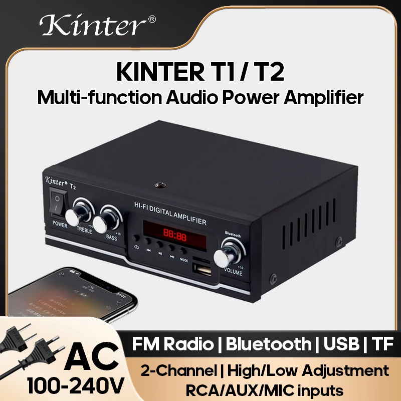 KINTER Stereo Audio Power Amplifier Bluetooth 2 Channel Mini Amplifier Stereo Receivers with Bass & Treble Control Remote T1 T2