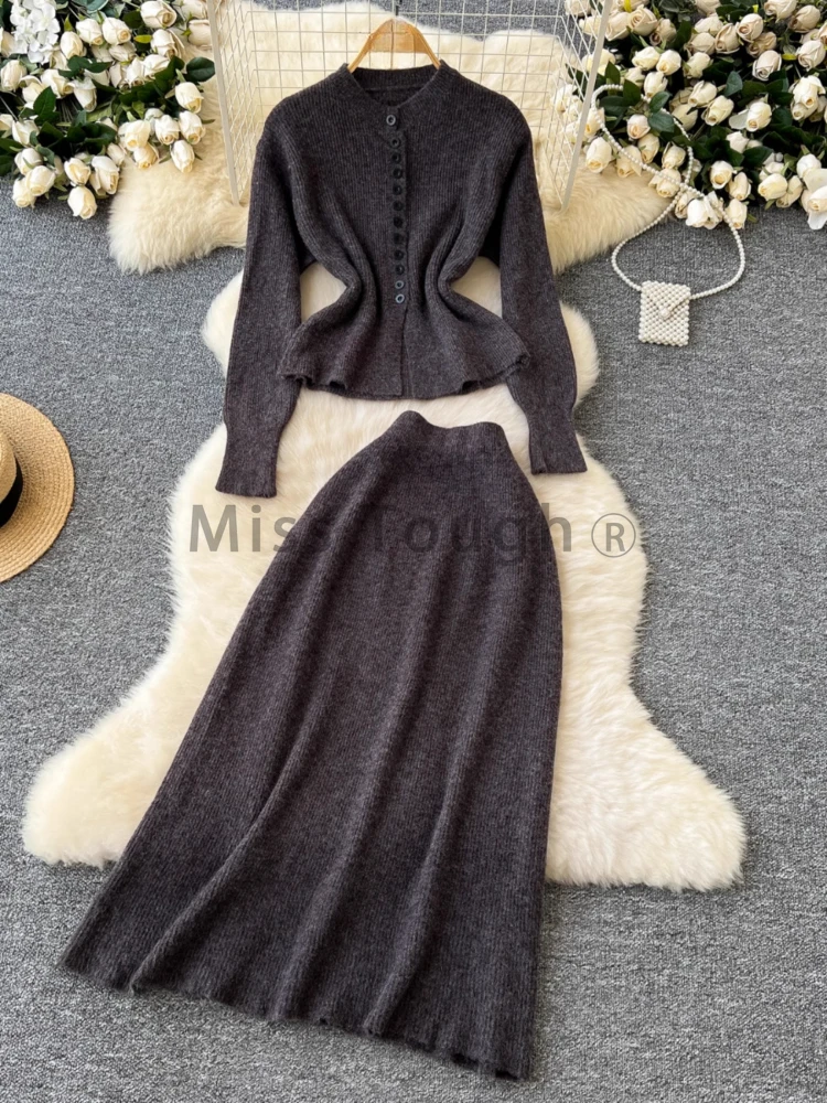 French Elegant Retro Knitted Two Piece Set Women Casual Sweater + High Waist Long Skirt Autumn Vintage Solid Slim Suit New 2024