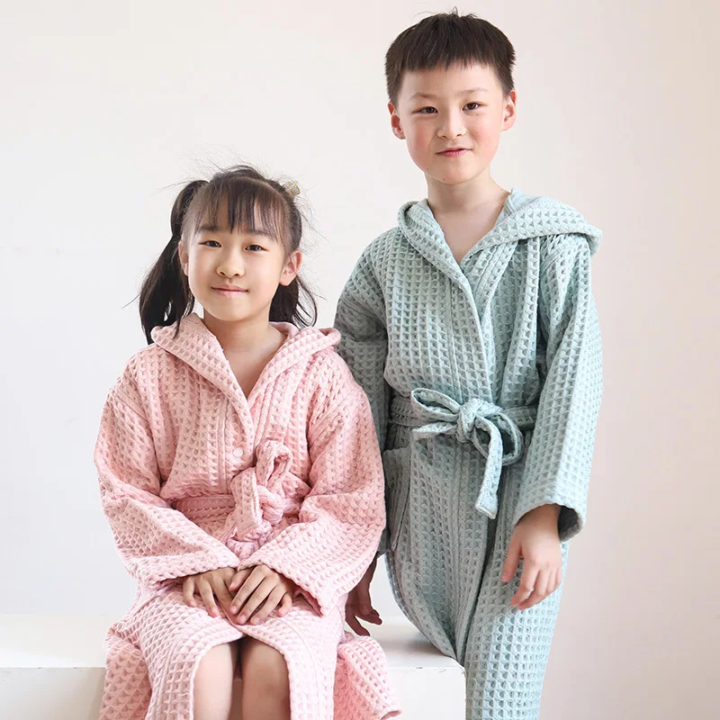 Children\'s Niche Pure Cotton Bathrobe Waffle Double Layered Thick Yukata Home Wear A-class Children\'s and Women\'s Pajamas