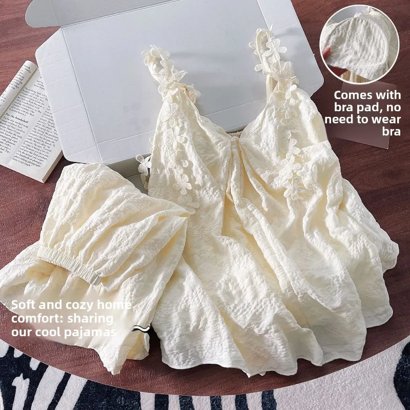 Spring Summer Women Casual Cute Princess Style Pajamas Lady Korean Version Spaghetti Strap Shorts Loungewear Girl Soft Sleepwear