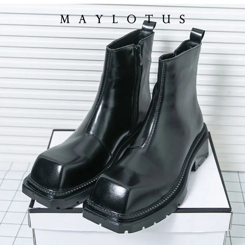 New Large Square Toe Thick Sole Chelsea Boots Genuine Leather Women/men Style Black Slip On Platform Fashion Mid-Calf Boots