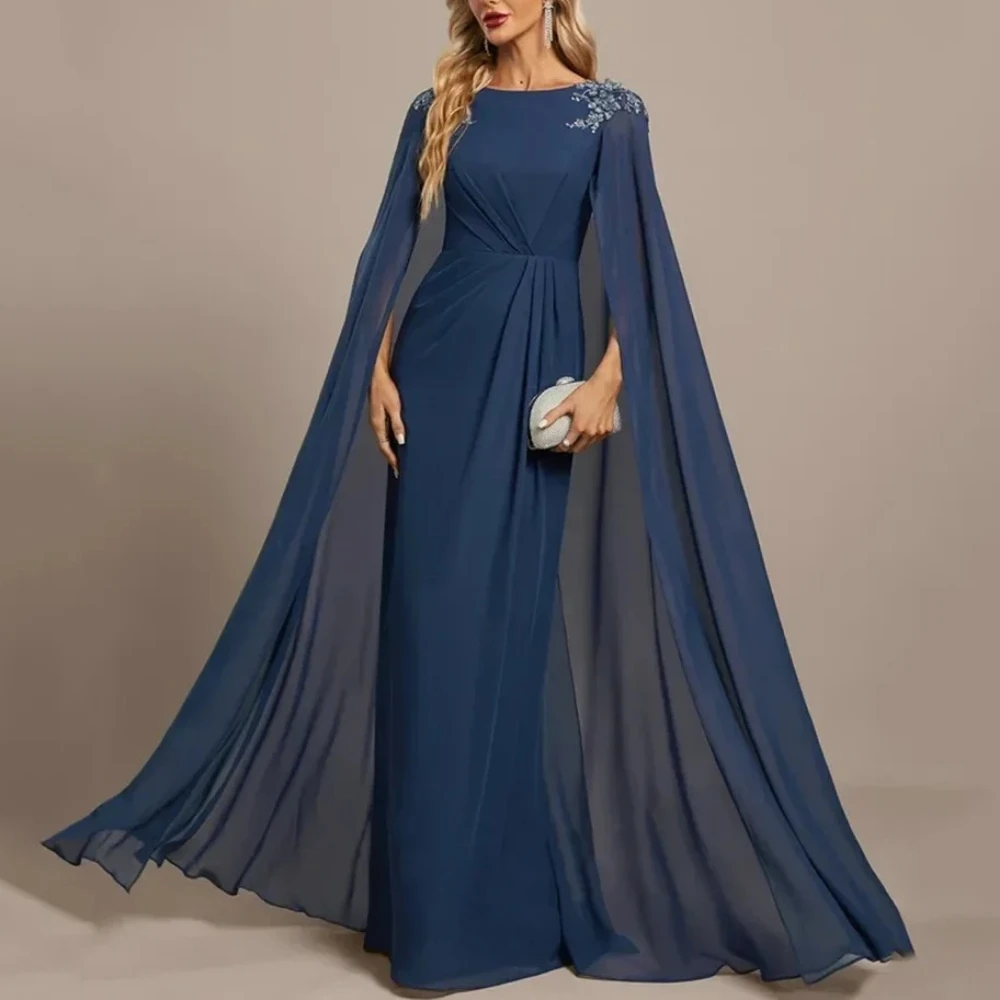 

Customized Elegant Navy Mother of The Bride Dresses Cape Sleeves Lace Appliques Wedding Guest Dress 2025 Women Prom Evening Gown