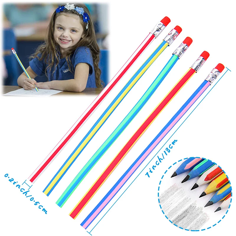 100Pcs Bendy Fun Pencils for Kids,Magic Bendable Flexible Colorful Stripe Soft Rubber Pencils with Erasers for Classroom Gifts