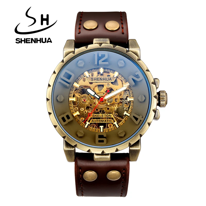 SHENHUA Retro Bronze Automatic Mechanical Watch Men Skeleton Watch Luminous Waterproof Clock Leather Strap Military Sport Watch