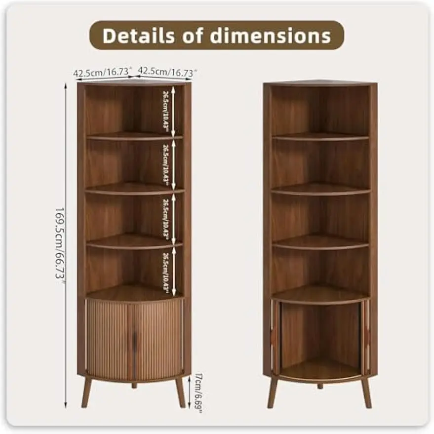 Tall Corner Storage Cabinet With Fluted Sliding Doors, 5 Tier Freestanding Bookcase And Display Rack, Space Saving Corner Shelf Organizer For Living Room Bedroom Study, Mid Century Modern Style, Walnut
