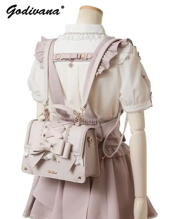 Japanese Liz Sweet Girls Leather Backpack Women's Dual-use Lolita Bowknot Lace Exquisite Shoulder Bag Leather Totes Handbag