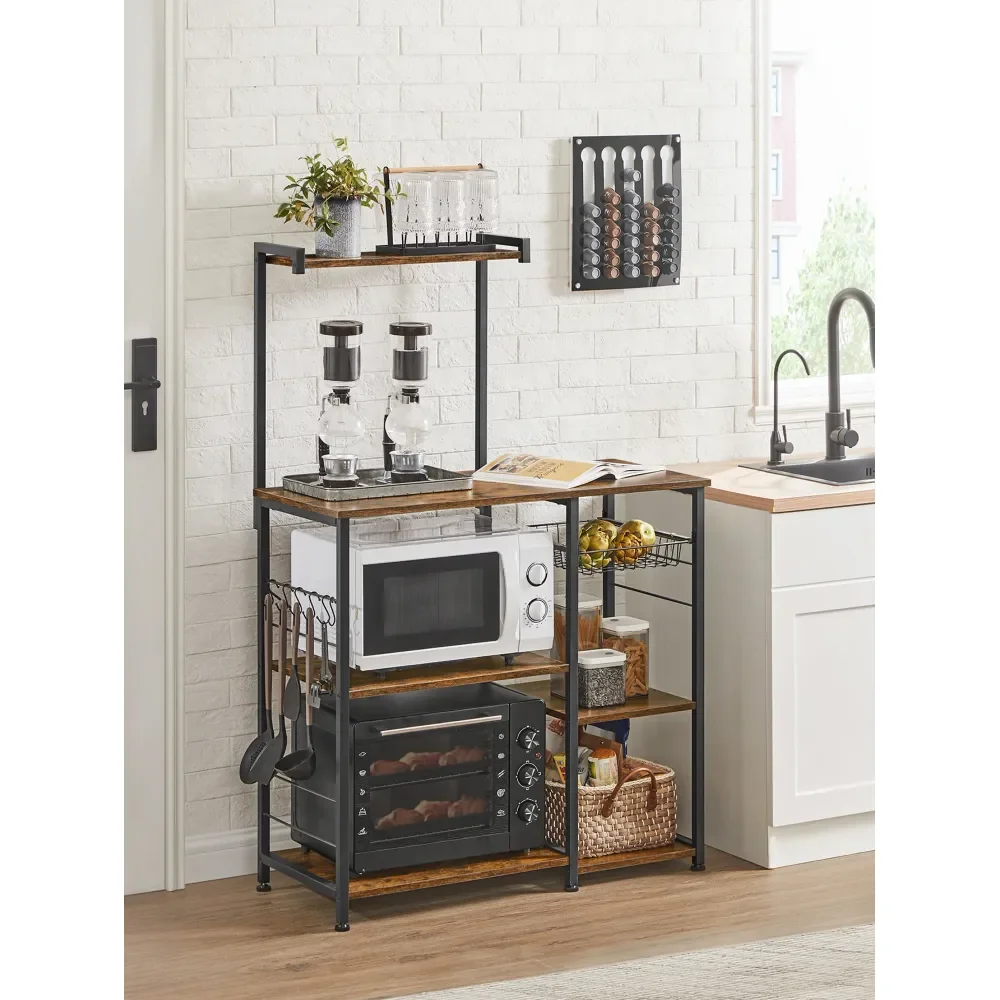 

Полка для хлеба, подставка для микроволновой печи, кухонная полка для хранения с проволочной корзиной, 6 крючками и полками, для специй, кастрюль и сковородок